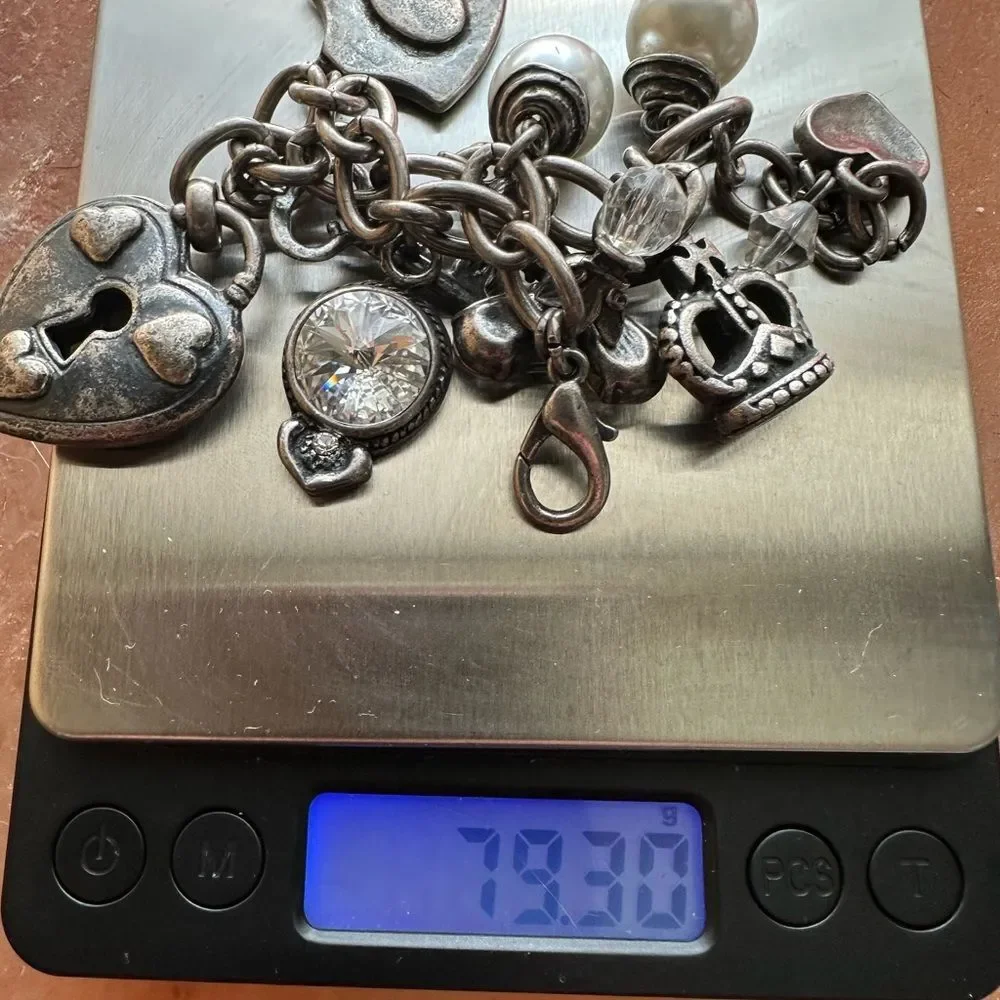 Chunky Loaded Silver Tone heart crystal lock crown pearl Charm Bracelet